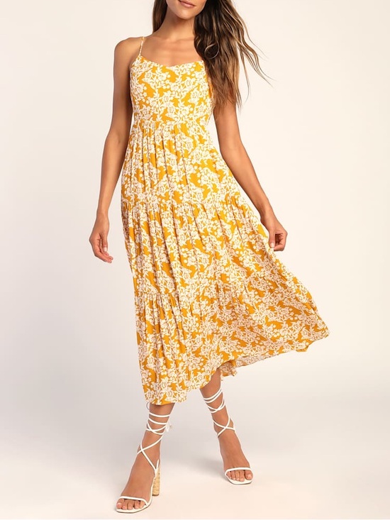 Lulus Dresses & Skirts - NWT Lulus Catching Sunrays Mustard Yellow Floral Print Midi Dress